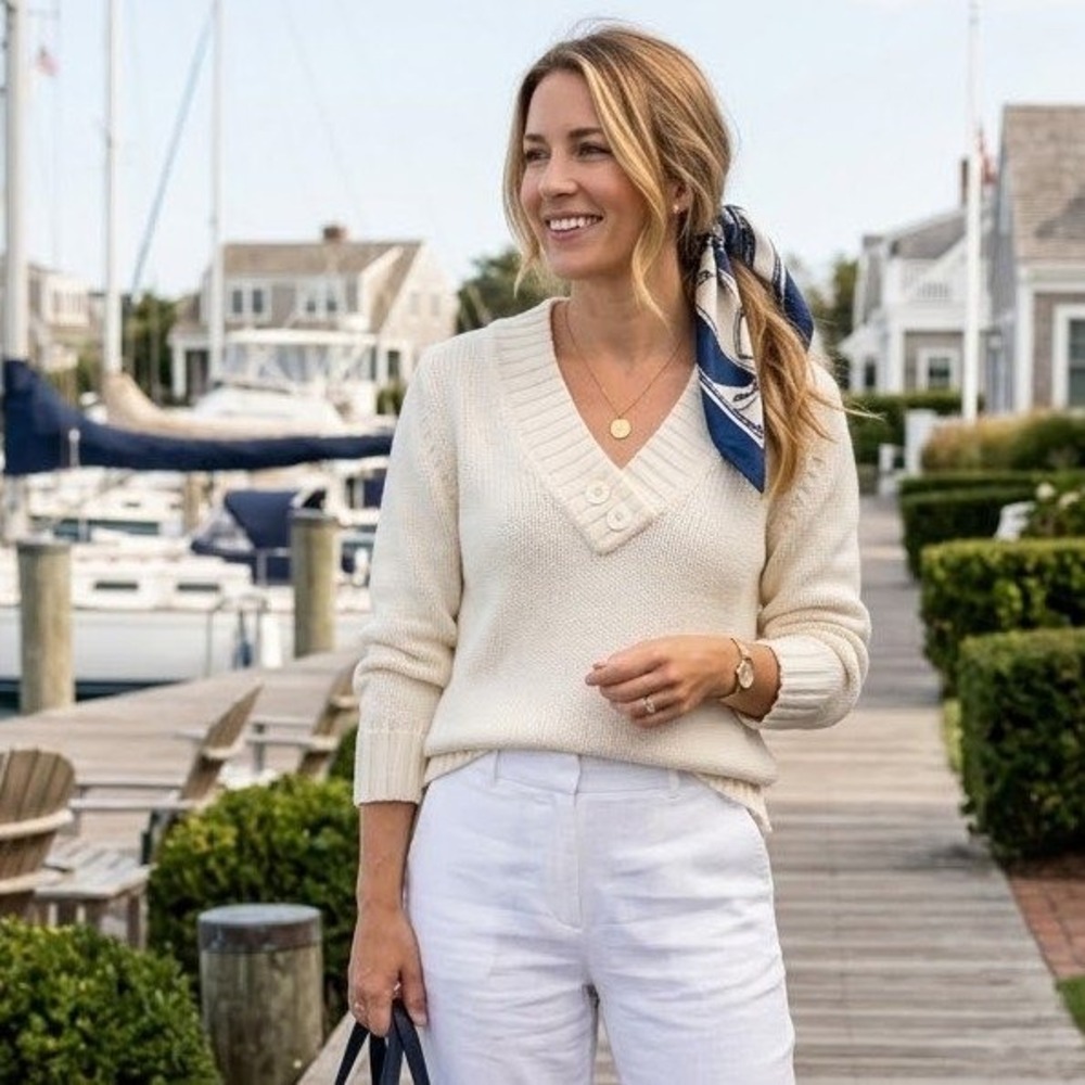Ivory Knit Sweater Womens Large Cream Preppy Coastal Cabin Fisherman Cozy Winter